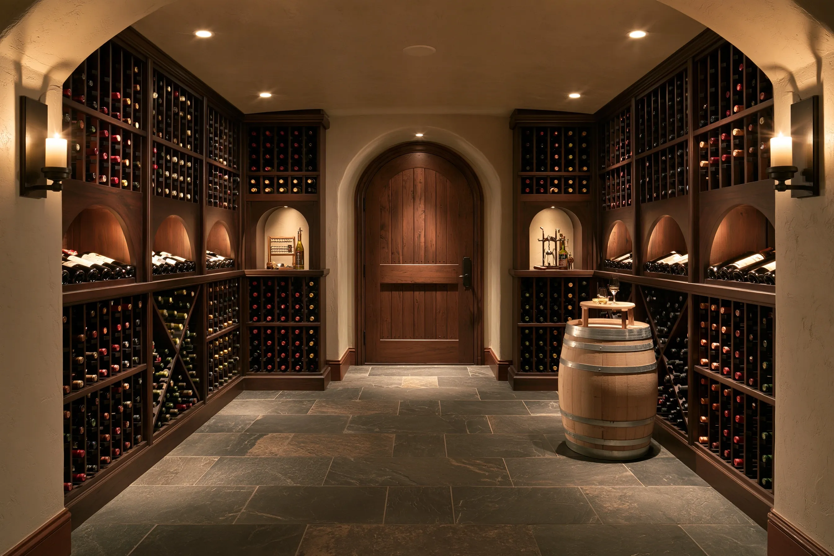 Lower-level walk-in cellar with arched niches, dark wood racks, a slate floor, an oak barrel and an arched plank door