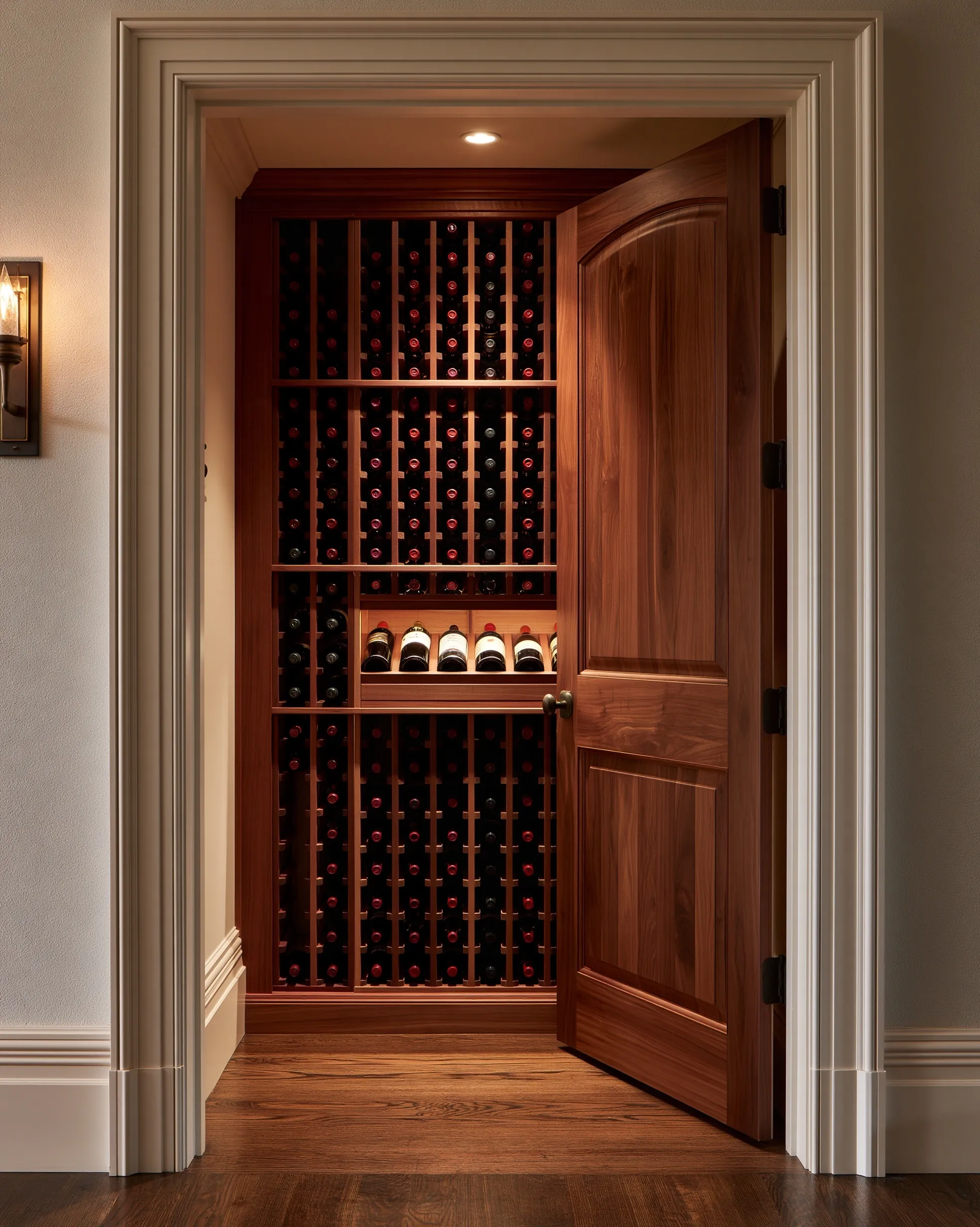Reach-in closet lined with reddish wood bottle racks behind an open raised-panel wood door