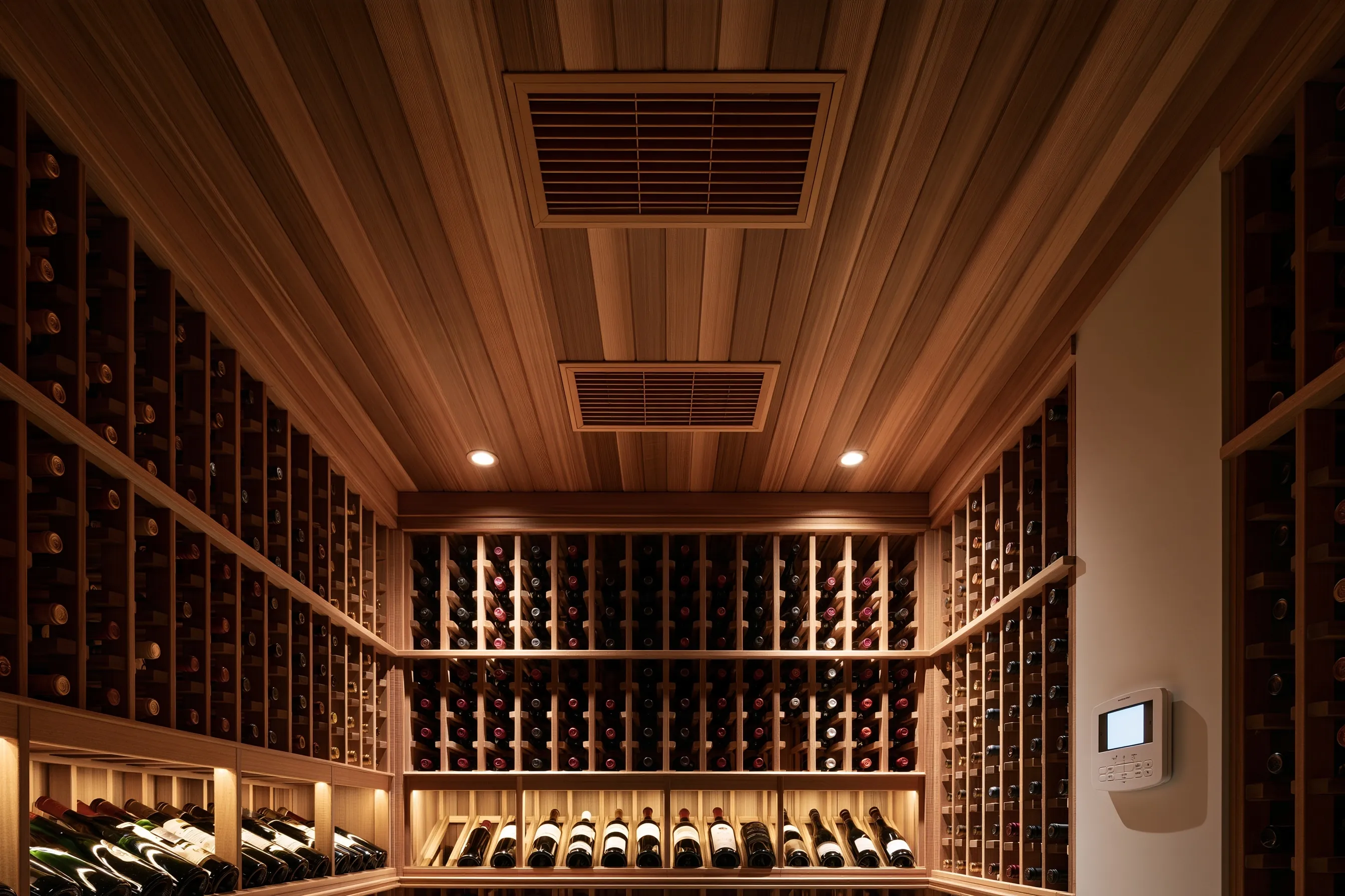 Wood-lined walk-in cellar with two ceiling grilles for ducted cooling, racking on three walls and a wall-mounted controller