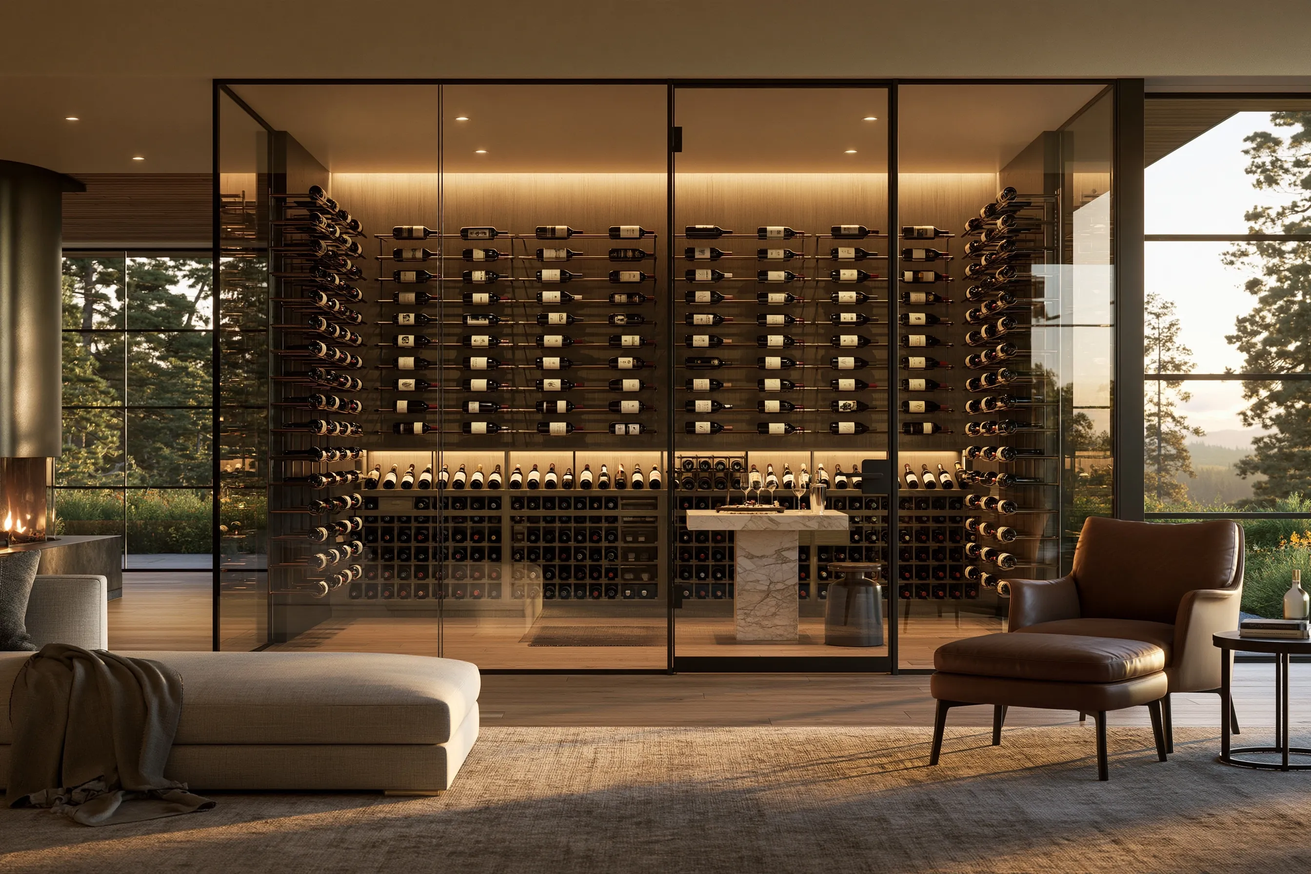 Slim black-framed glass wine room with label-forward metal racks and a marble tasting table, opening off a living room with a leather armchair