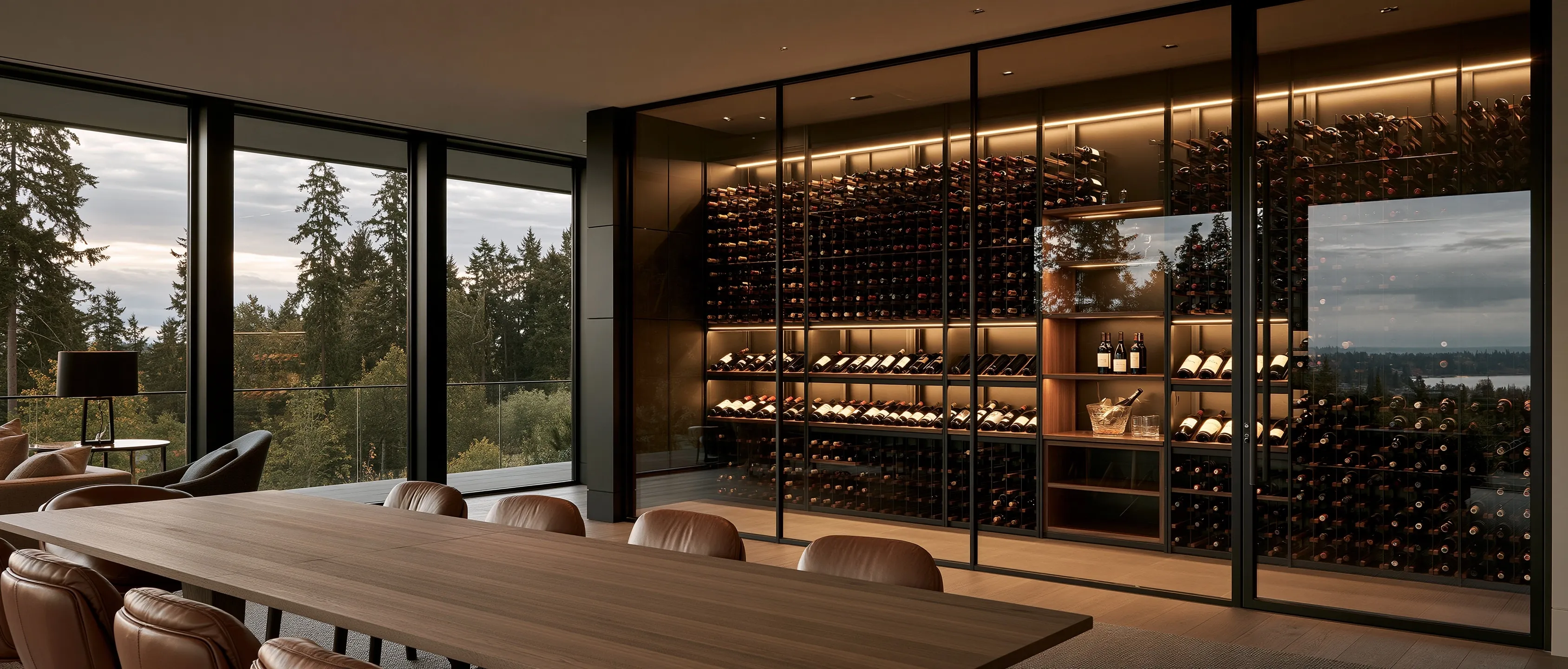 Glass-walled wine room with lit bottle racks beside a long dining table, evergreens and a lake view through floor-to-ceiling windows