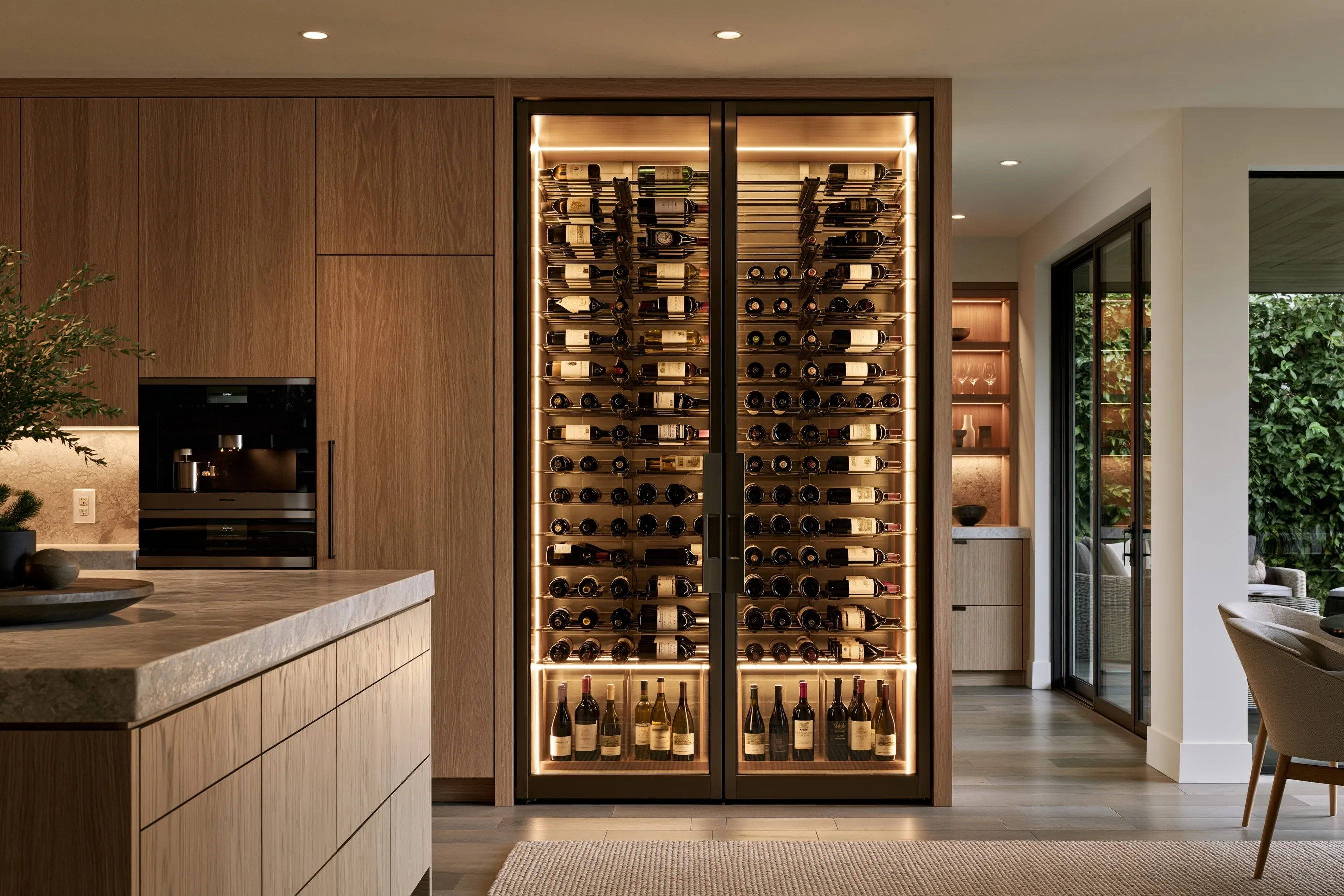 Lit double glass doors of a wine wall built into oak kitchen cabinetry beside a built-in coffee machine
