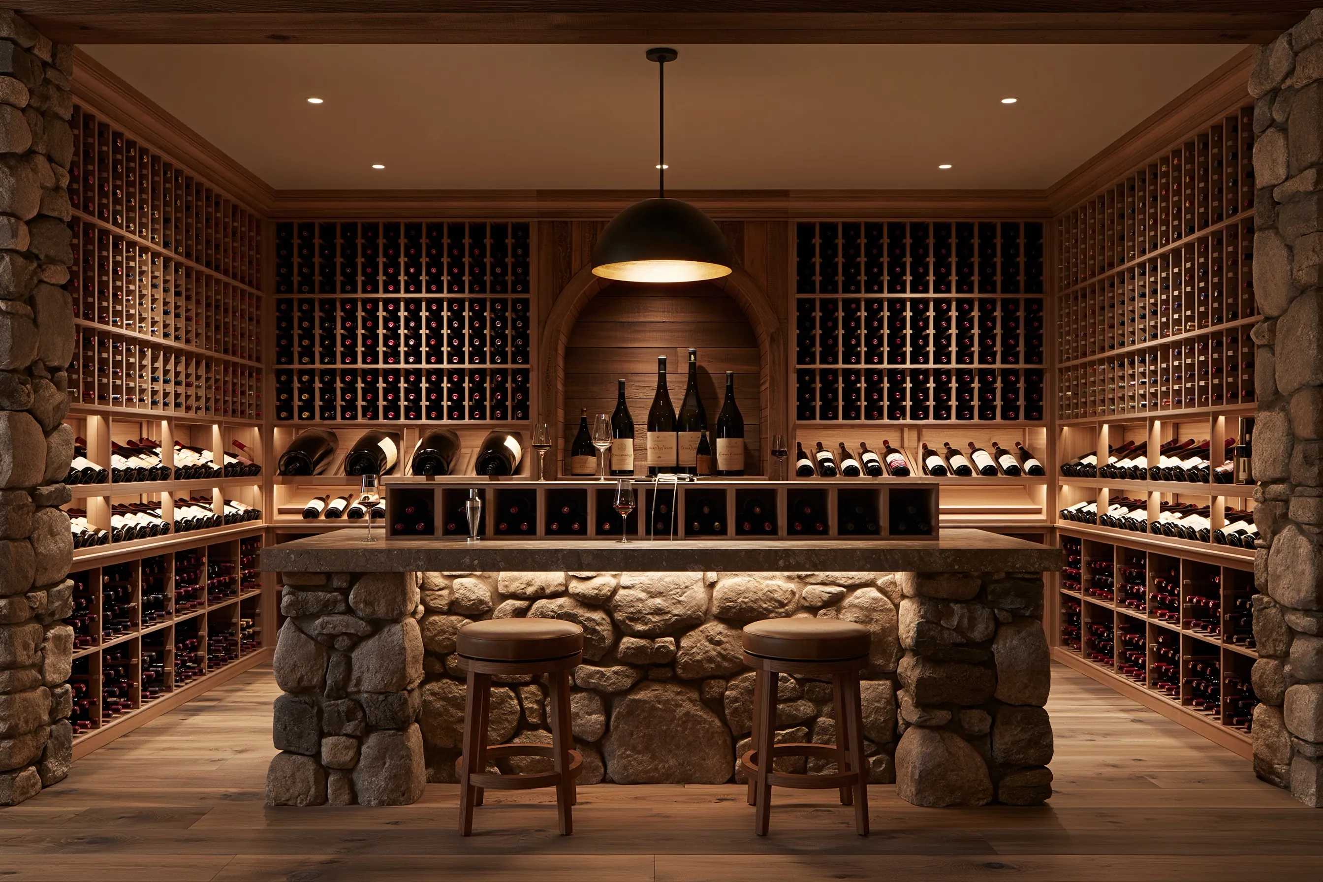 Walk-in cellar with wood racking on three walls, large bottles in a central niche and a stone-faced tasting counter with two stools