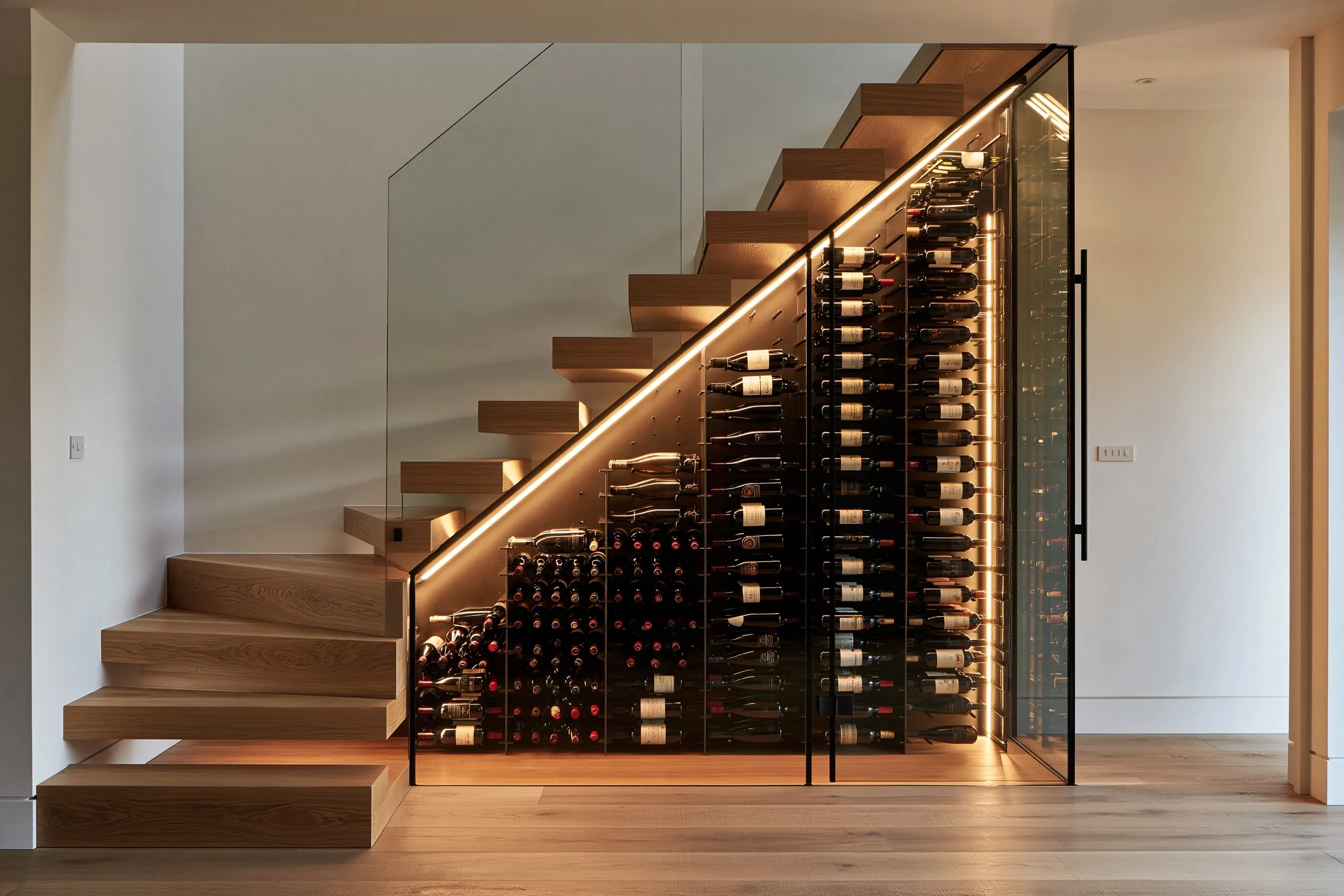 Glass-enclosed wine cellar under a floating oak staircase, lit by an LED strip that follows the stair line